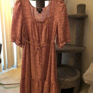 (New) By & By Women's Casual Square Neck Floral Dress with Elastic Waist and Tie